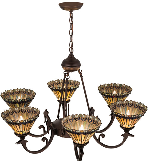 33"W Meyda Tiffany Jeweled Peacock 6 LT Chandelier | 16099