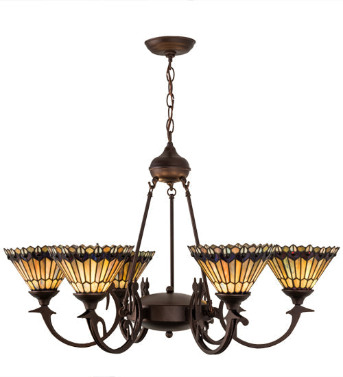 33"W Meyda Tiffany Jeweled Peacock 6 LT Chandelier | 16099