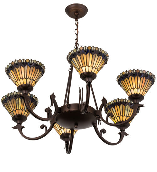 33"W Meyda Tiffany Jeweled Peacock 6 LT Chandelier | 16099