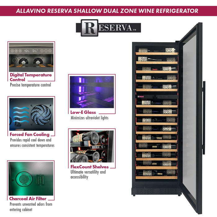 Allavino Reserva Series 134 Bottle 71" Tall Four Zone Black Side-by-Side Shallow Wine Refrigerator with Wood Front Shelves