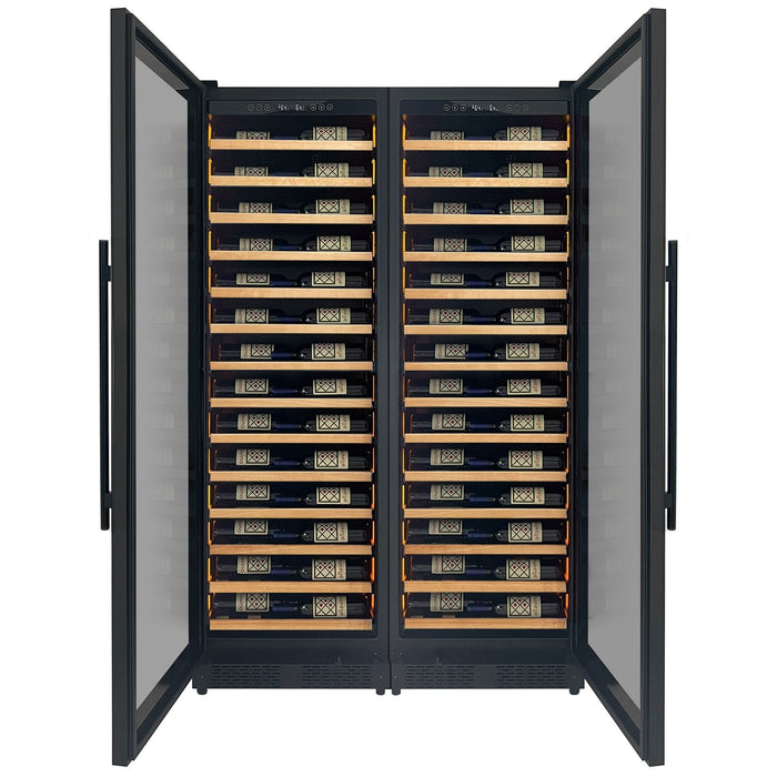 Allavino Reserva Series 134 Bottle 71" Tall Dual Zone Black Side-by-Side Shallow Wine Refrigerator with Wood Front Shelves