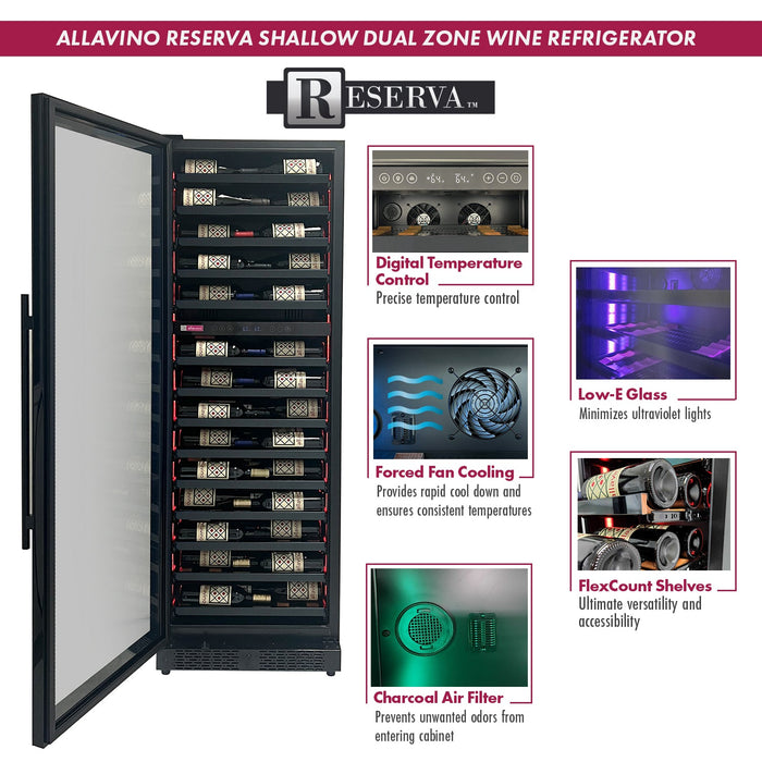 Allavino Reserva Series 134 Bottle 71" Tall Three Zone Black Side-by-Side Shallow Wine Refrigerator Console