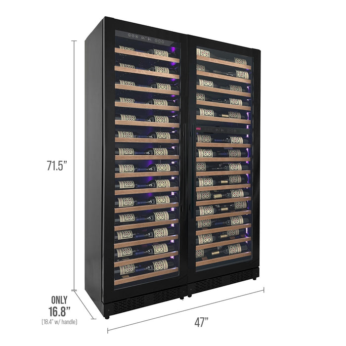 Allavino Reserva Series 134 Bottle 71" Tall Three Zone Black Side-by-Side Shallow Wine Refrigerator with Wood Front Shelves