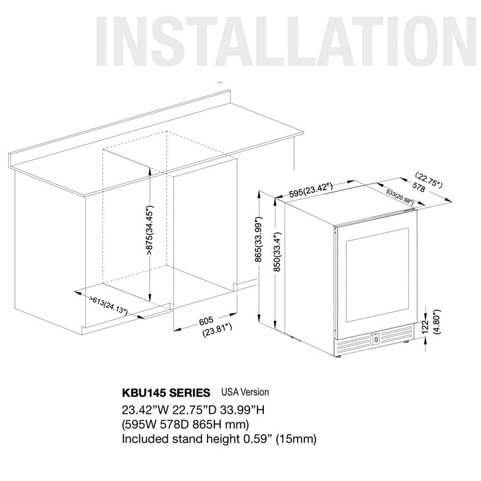 24 Inch Under Counter LOW-E Glass Door Beer Fridge - KingsBottle KBU145BX