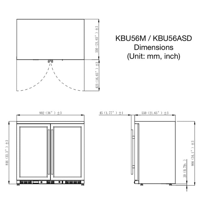 36 Inch Heating Glass 2 Door Built In Beverage Fridge - KingsBottle KBU56M