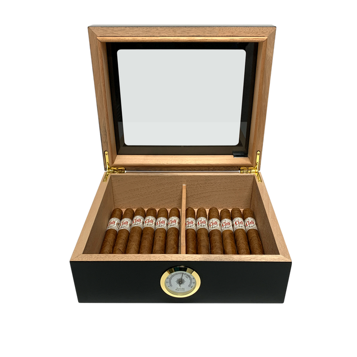 Capri Glasstop Desktop Cigar Humidor | External Hygrometer | Holds 50 Cigars