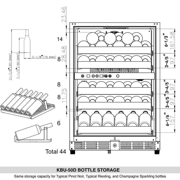 44 Bottles 24 Inch Under Counter Dual Zone Wine Cooler Drinks - KingsBottle KBU50DX