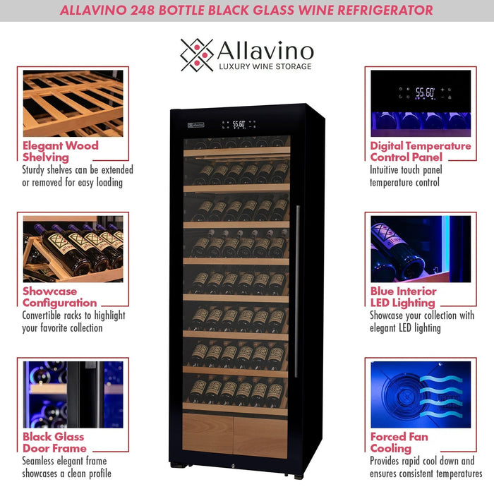 Allavino 29" Wide 248 Bottle Single Zone Black Glass Wine Refrigerator with Display Shelving