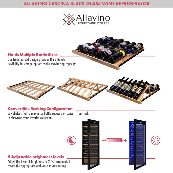 Allavino 29" Wide 248 Bottle Single Zone Black Glass Wine Refrigerator with Display Shelving