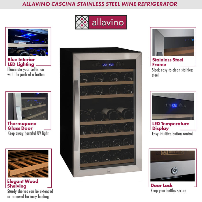 Allavino Cascina Series 43 Bottle Dual Zone Freestanding Wine Refrigerator Cooler with Stainless Steel Door