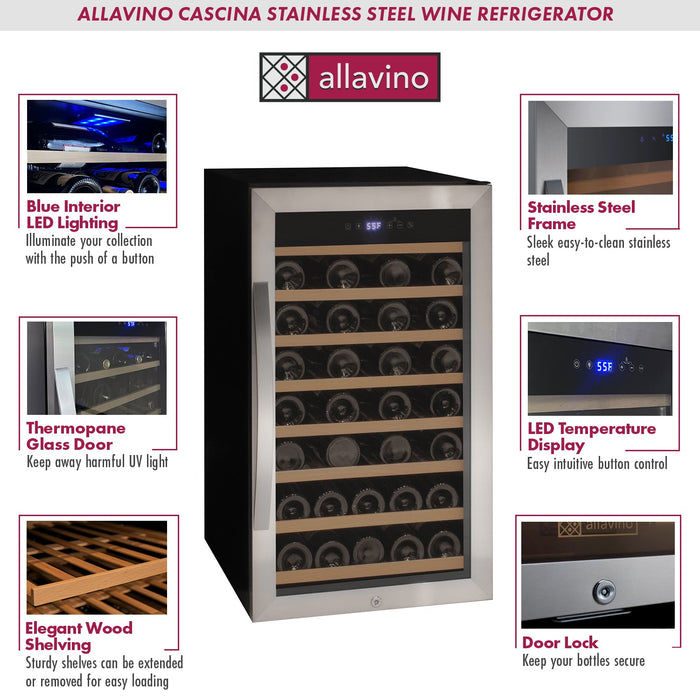 Allavino Cascina Series 50 Bottle Single Zone Freestanding Wine Cooler Refrigerator with Stainless Steel Door