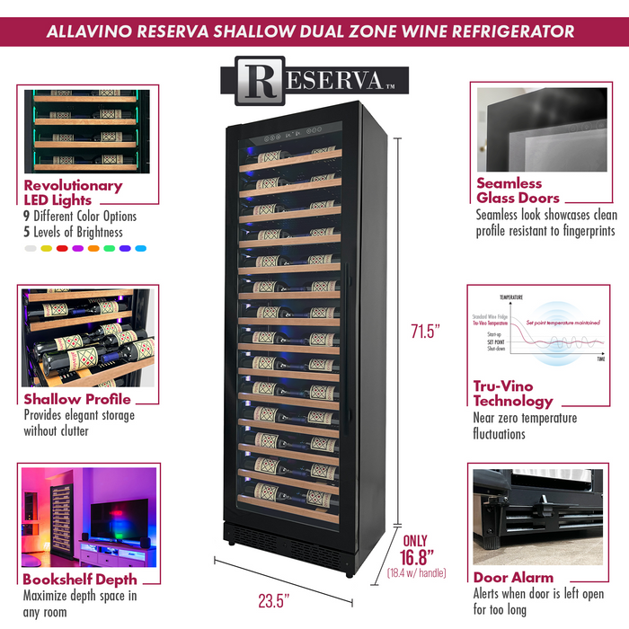 Allavino Reserva Series 134 Bottle 71" Tall Three Zone Black Side-by-Side Shallow Wine Refrigerator with Wood Front Shelves