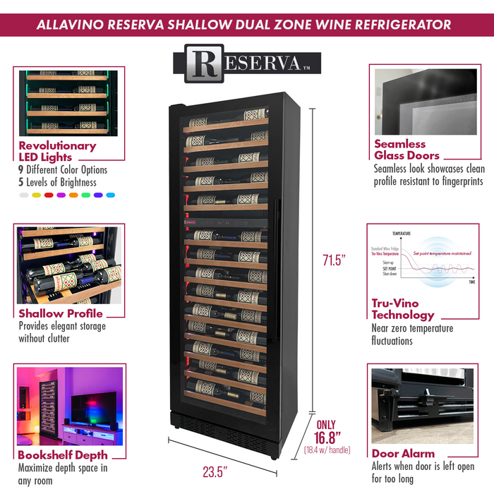 Allavino Reserva Series 67 Bottle 71" Tall Dual Zone Black Shallow Wine Refrigerator with Wood Front Shelves