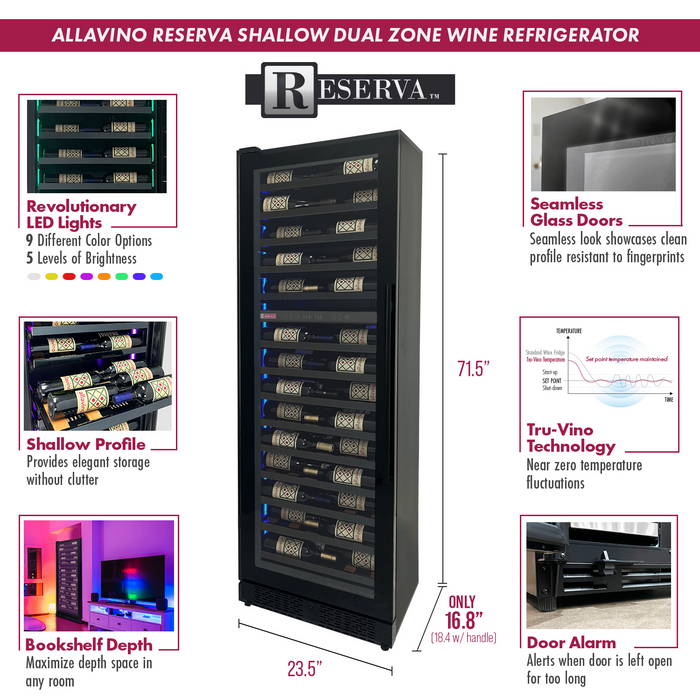 Allavino Reserva Series 134 Bottle 71" Tall Four Zone Black Side-by-Side Shallow Wine Refrigerator Console