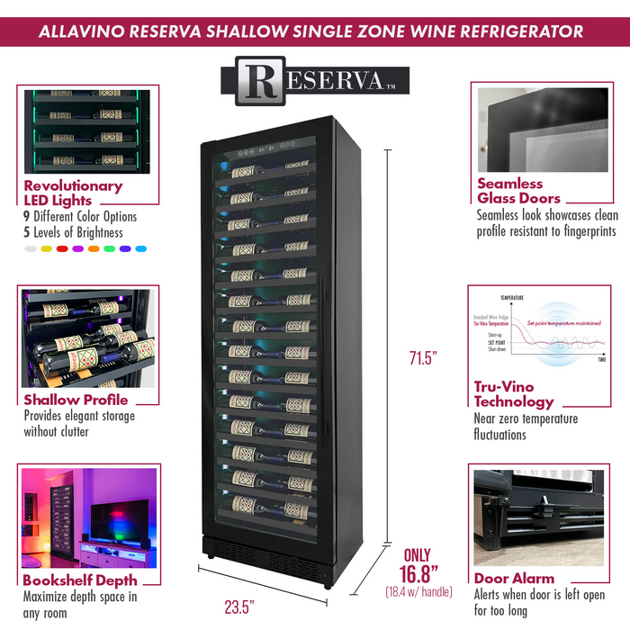 Allavino Reserva Series 134 Bottle 71" Tall Dual Zone Black Side-by-Side Shallow Wine Refrigerator Console