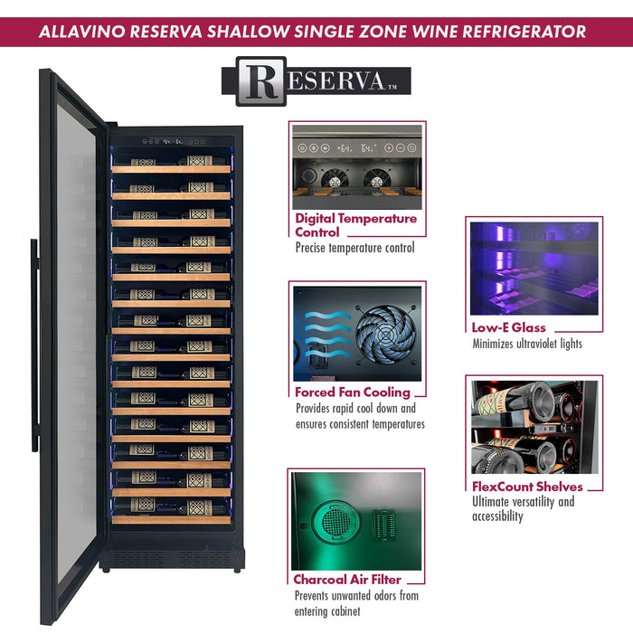 Allavino Reserva Series 67 Bottle 71" Tall Single Zone Black Shallow Wine Refrigerator with Wood Front Shelves