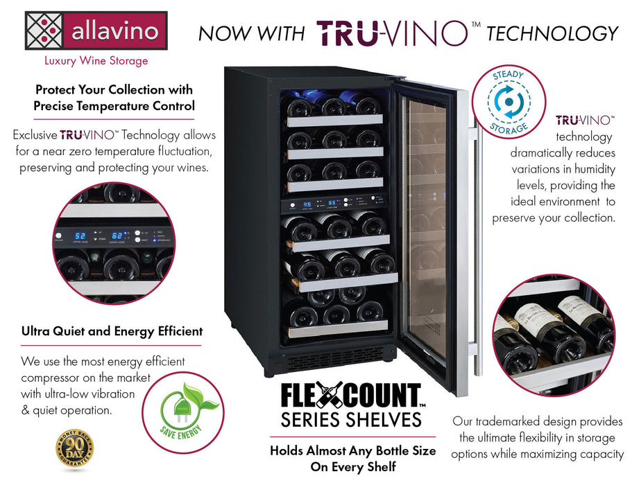 Allavino 15" Wide FlexCount II Tru-Vino 30 Bottle Dual Zone Stainless Steel Wine Refrigerator