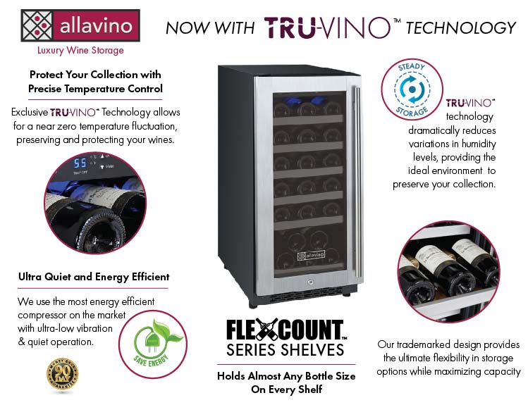 Allavino 15" Wide FlexCount II Tru-Vino 30 Bottle Single Zone Stainless Steel Wine Refrigerator