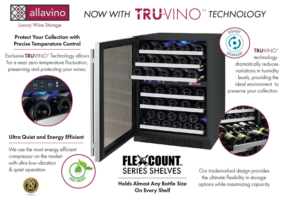 Allavino 24" Wide FlexCount II Tru Vino 56 Bottle Dual Zone Stainless Steel Wine Refrigerator