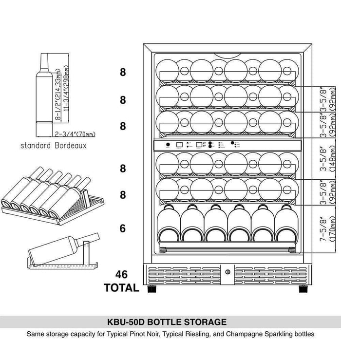 48 Inch Glass Door Wine And Beverage Fridge Center Built In - KingsBottle KBU50BW3