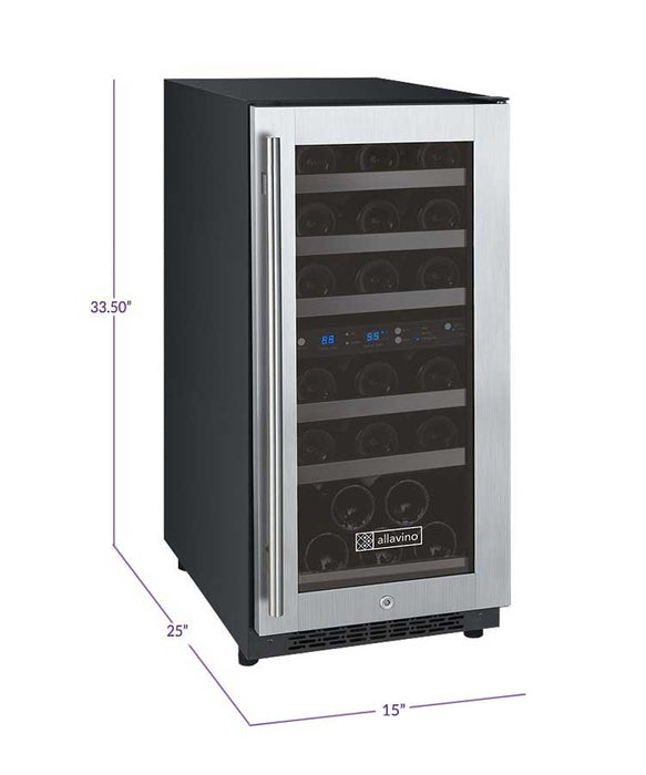 Allavino 15" Wide FlexCount II Tru-Vino 30 Bottle Dual Zone Stainless Steel Wine Refrigerator