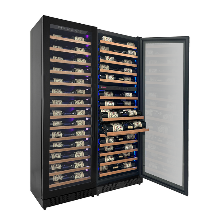 Allavino Reserva Series 134 Bottle 71" Tall Three Zone Black Side-by-Side Shallow Wine Refrigerator with Wood Front Shelves